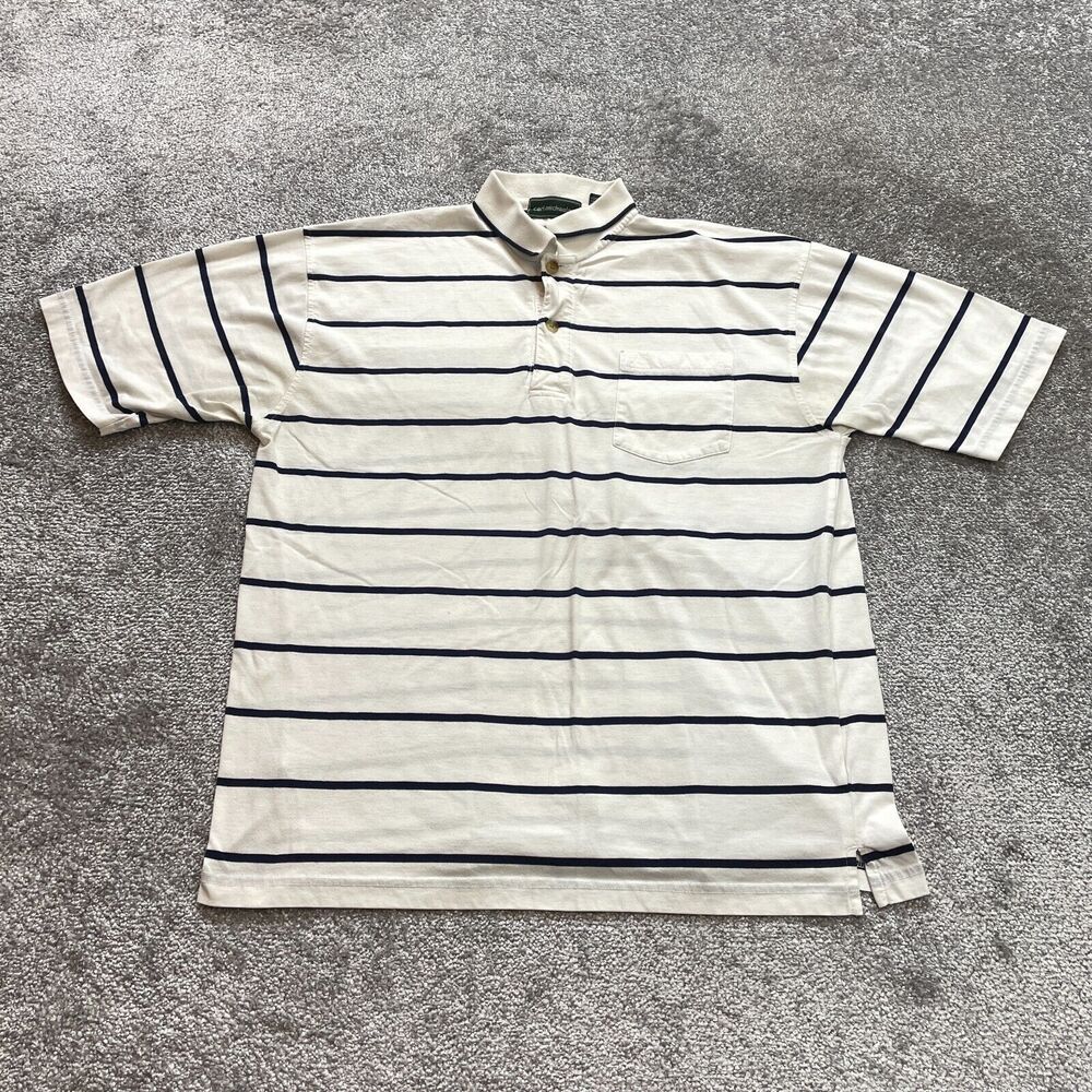Carl Michaels Polo Shirt Mens Large White Blue Striped Golf Rugby Cotton Soft